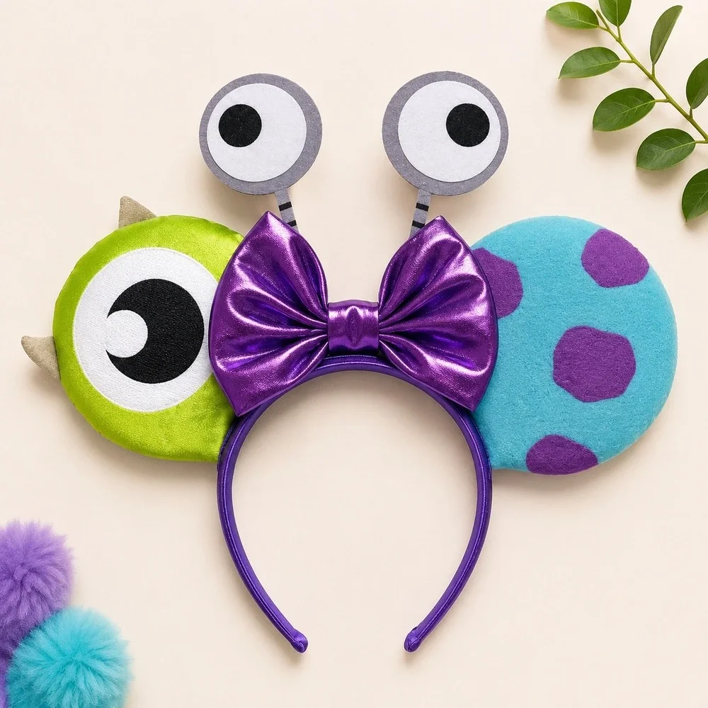 Disney Parks Monsters Inc Mike & Sulley Costume Ear Headband Purple Bow Antennae